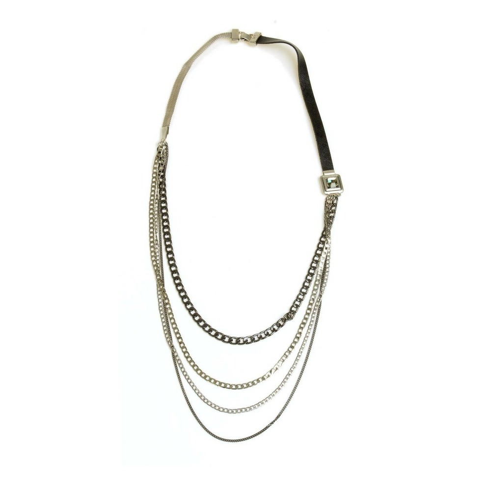 HAGAR SATAT Square Gray Crystal Silver Multi Chain Black Leather Necklace NWT